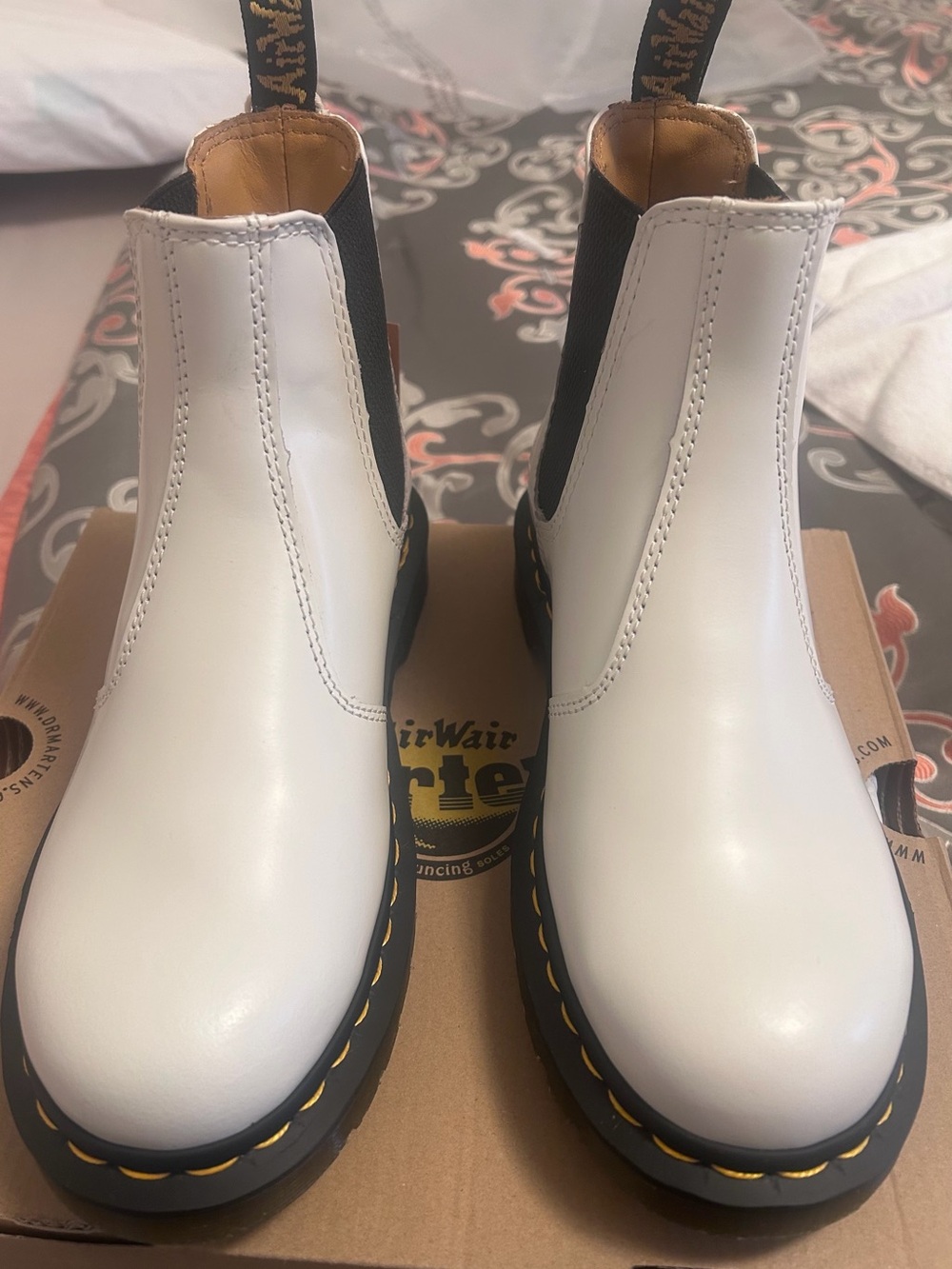 Dr. Martens White Leather Chelsea Boots with Black Elastic and Yellow Stitching - Picture 3 of 6